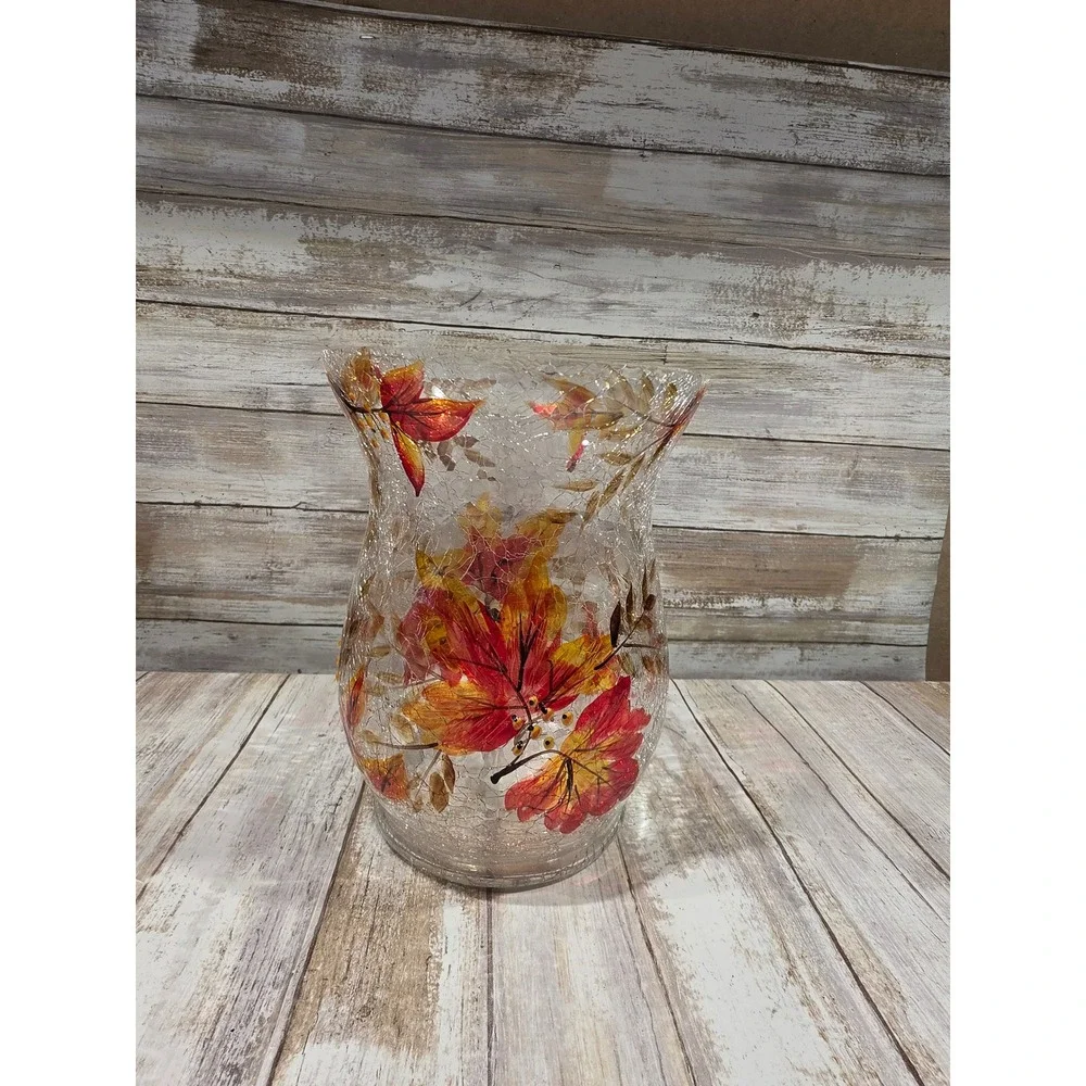Yankee Candle Leaves Crackle Pillar‎ Holder Fall Mosaic Glass Vase 1288271 8in